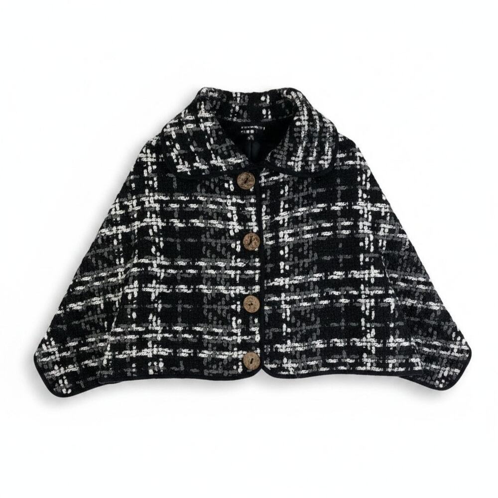 Womens Tweed Plaid Woven Cape Shawl Poncho Button Front Black White One Size